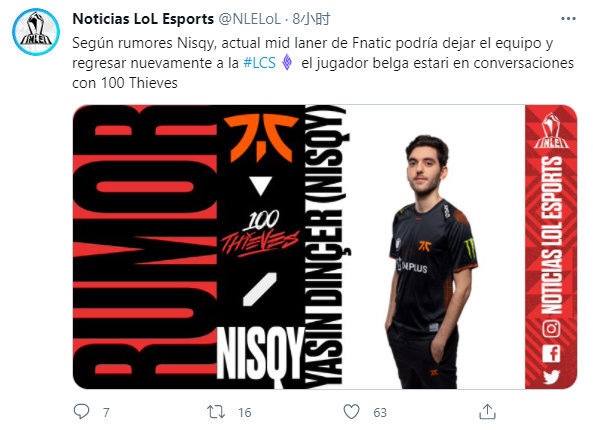FNC中单Nisqy或将回归LCS网传其正与100T沟通