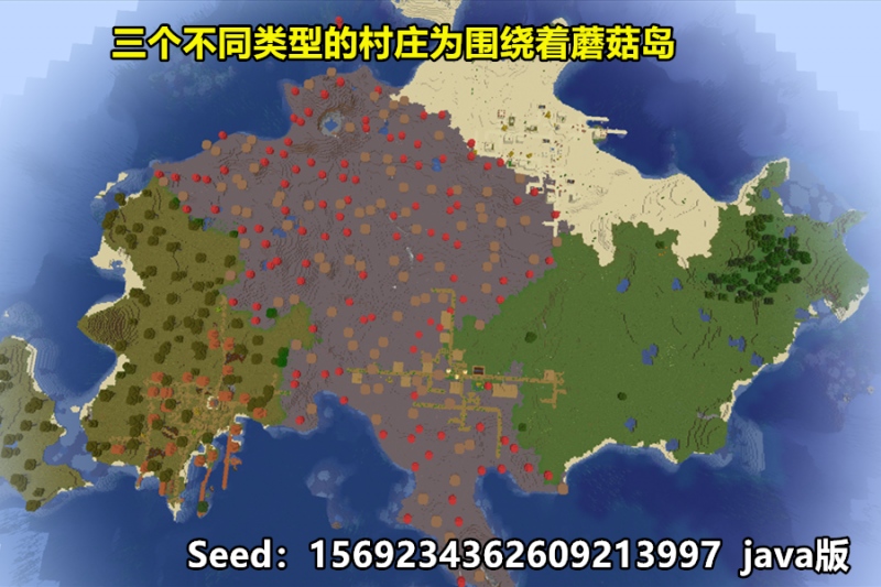 我的世界蘑菇岛周围三个不同群系搭配着三个不同村庄稀有